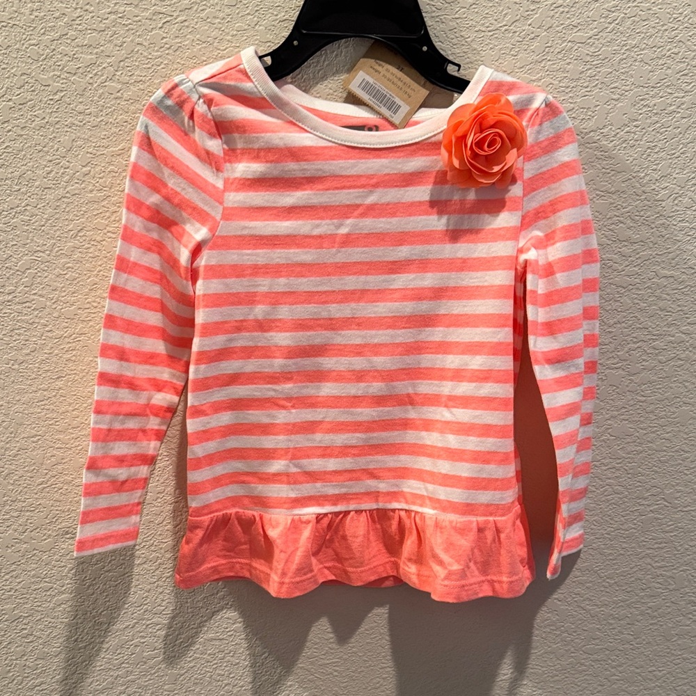 Adorable Pink and White Striped Long Sleeve Cotton Tee with Flower Ornament